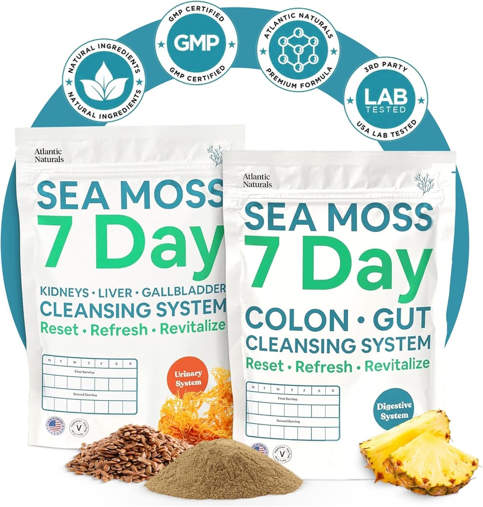 Atlantic Naturals Sea Moss 7-Day Full Body Cleanse Detox Bundle, Colon Cleanse Powder with Psyllium Husk Senna Powder & Organic Sea Moss Powder Kidney, Liver, Gallbladder, Pineapple Flavor Drink Mix