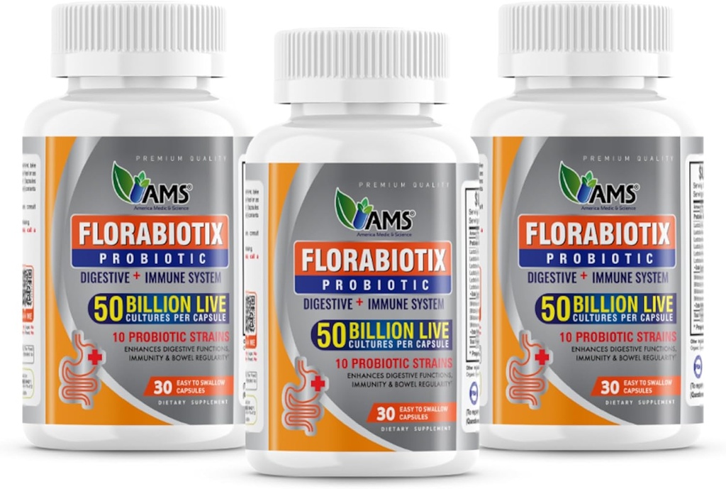 Amerika Medisin og vitenskap Florabiotix Probiotic (90 kapsler) | Diett Supplement for menn og kvinner | 50 milliarder levende kulturer | 10 Probiotika Strains | Støtter Digestiv og immun helse (Pack of 3)