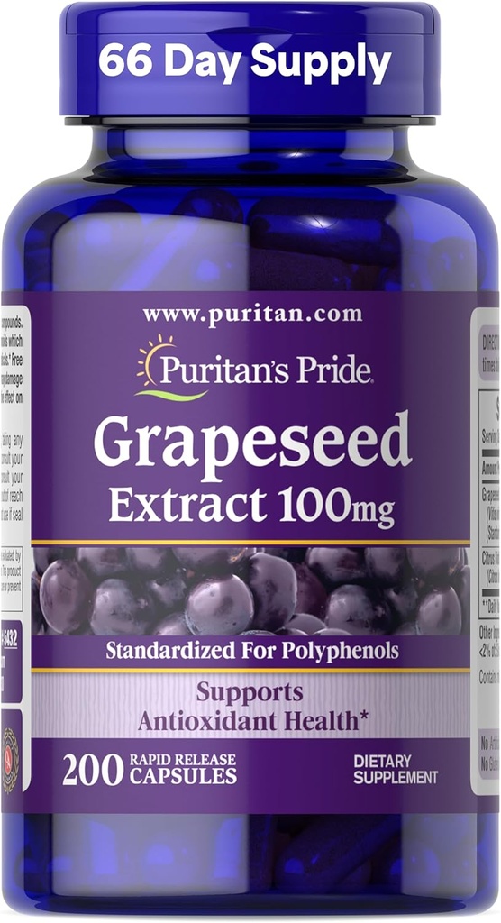 Puritan의 Pride Grapeseed Extract 100mg Citrus Bioflavonoid Complex, 항 산화제 및 심장 건강 지원, 200 Rapid Release Capsules에 대한 규정식 보충