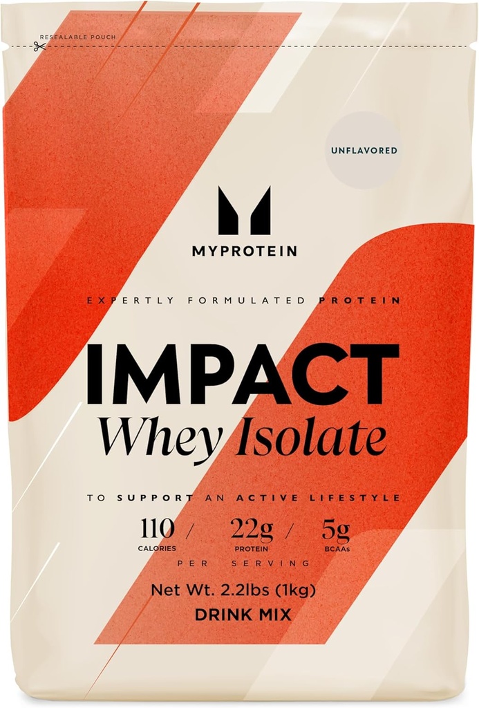 Myprotein Impact Whey Protein Isolate, 2.2 Lbs (40 Servings) Unflavored, 22g Protein, 3.5g Glutamine " 4.5g BCAA Per Serving, Shake for Muscle Strength " Recovery