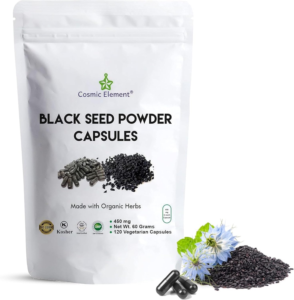 宇宙元素 100% 纯黑种子 卡普尔 有机 - Vegan Nigella Sativa 450mg 黑色 Cumin 种子 每服务于健康 - 120 卡普尔