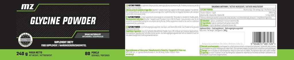 Glycine Powder 240g - 3000 mg Glycin per servering med vitamin B6- 80 Servering per pakke - Aminosyre supplement til aften rolig - Vegan og uden tilsætningsstoffer - af MZ
