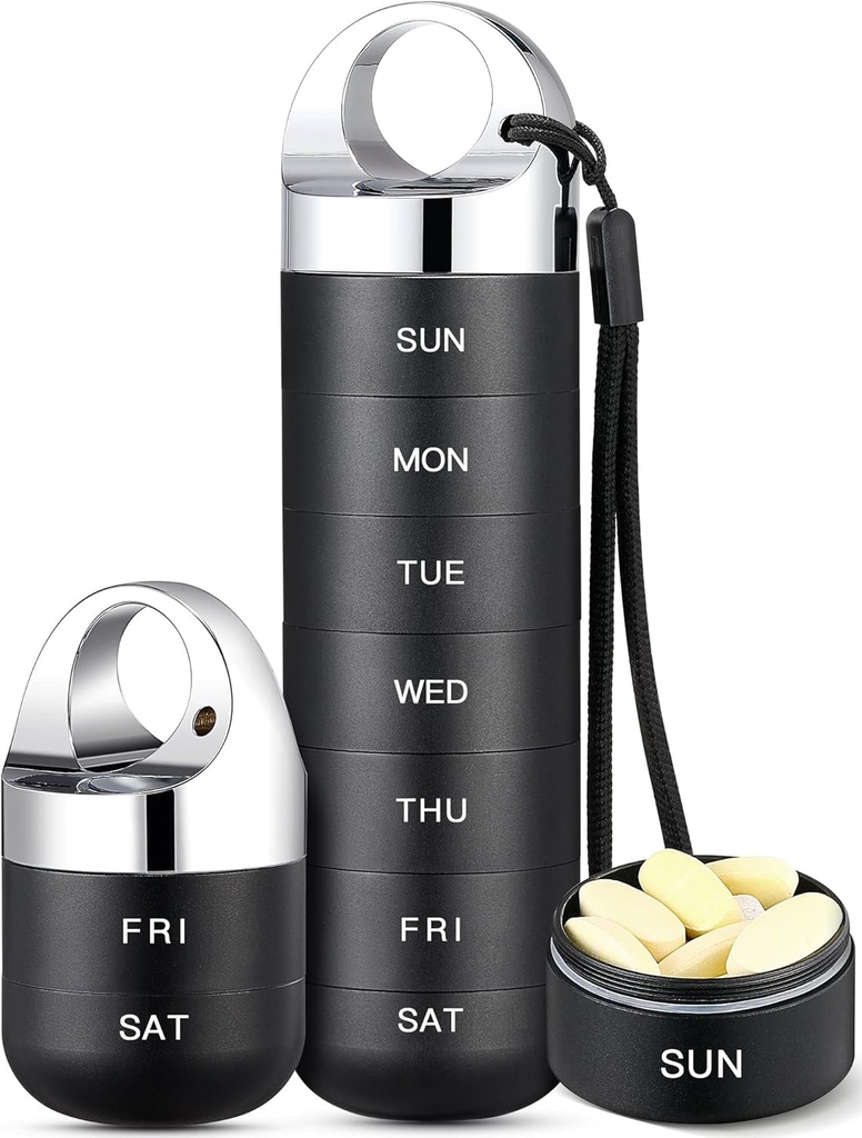 Zannaki Metal Travel Pill Organizer, Portable Waterproof Weekly Pill Box, Large Aluminum Aluminium Pill Case Container, BPA Free 7 Daily Medicine Organizer Holder for Vitamin, Fish Oil, Addition