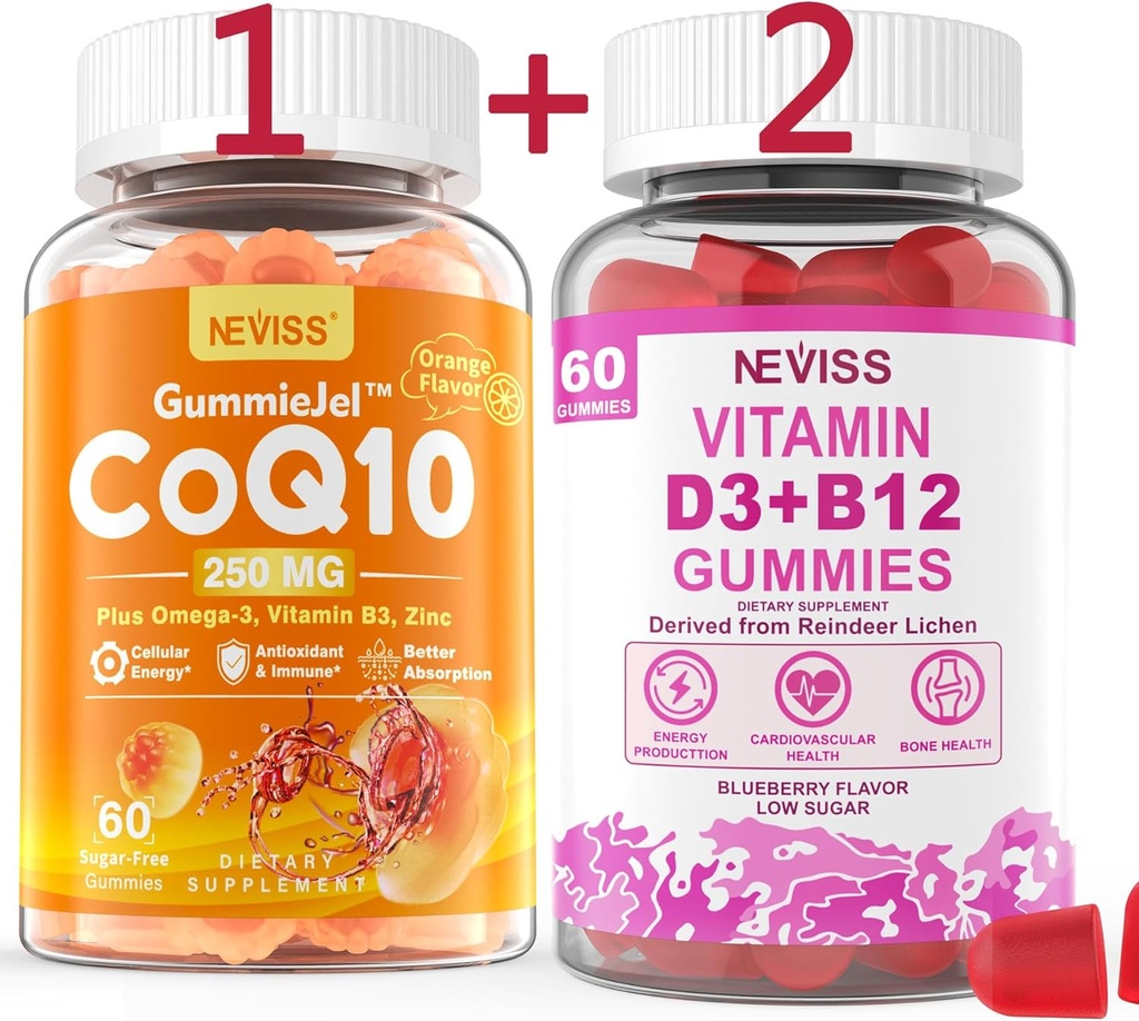 NEVISS Sugar-Free CoQ10-250mg Gummies recheos, 60Cts + Vegan Vitamina D3 5000IU & Methyl B12 1000mcg Gummies, 120Cts
