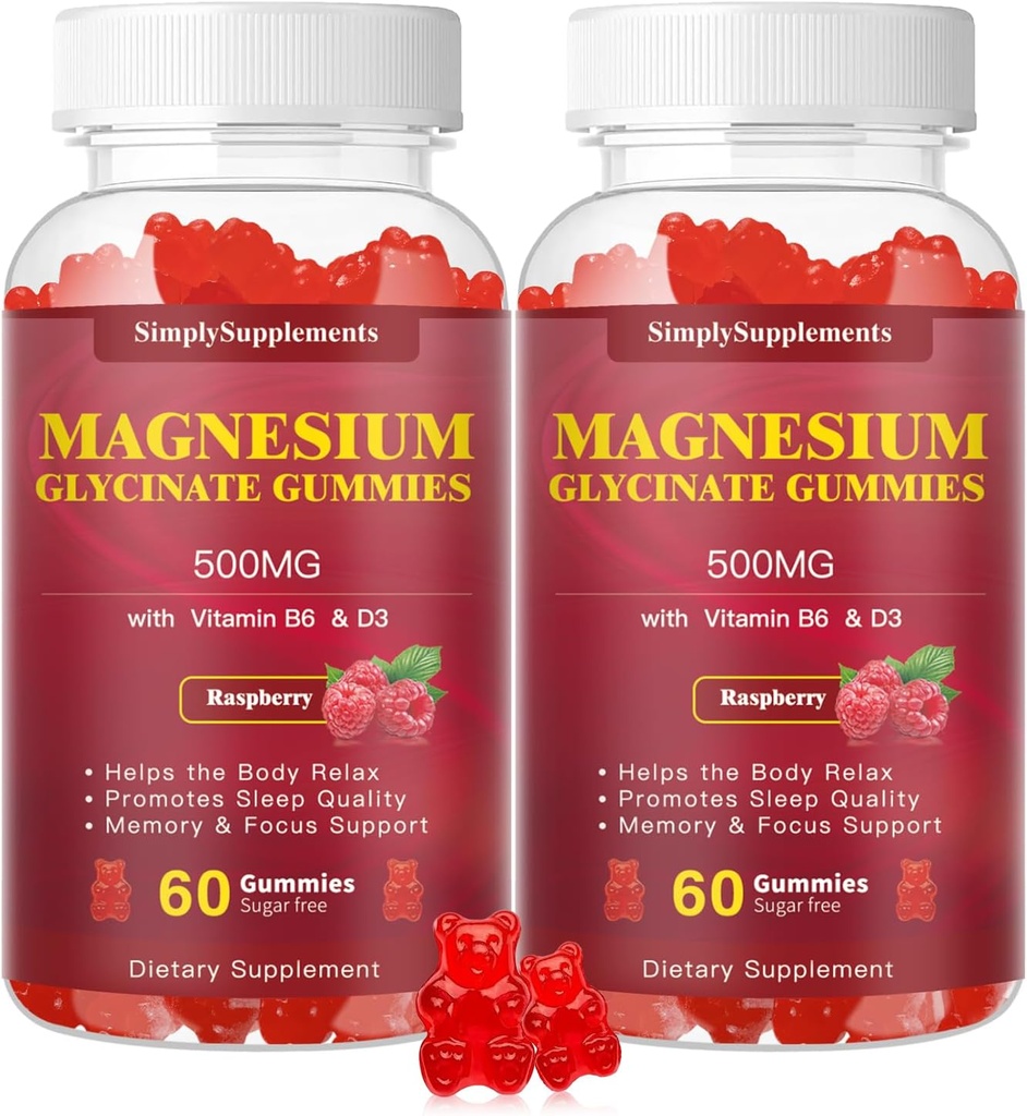 Magnesio Glycinate Gummies 500mg, Chewable Magnesium Supplement con vitamina D3, B6, CoQ10 per il relax, Sonno & Mood Support, Calma Magnesio Gummy - 60 Raspberry Gummies(2 Pack