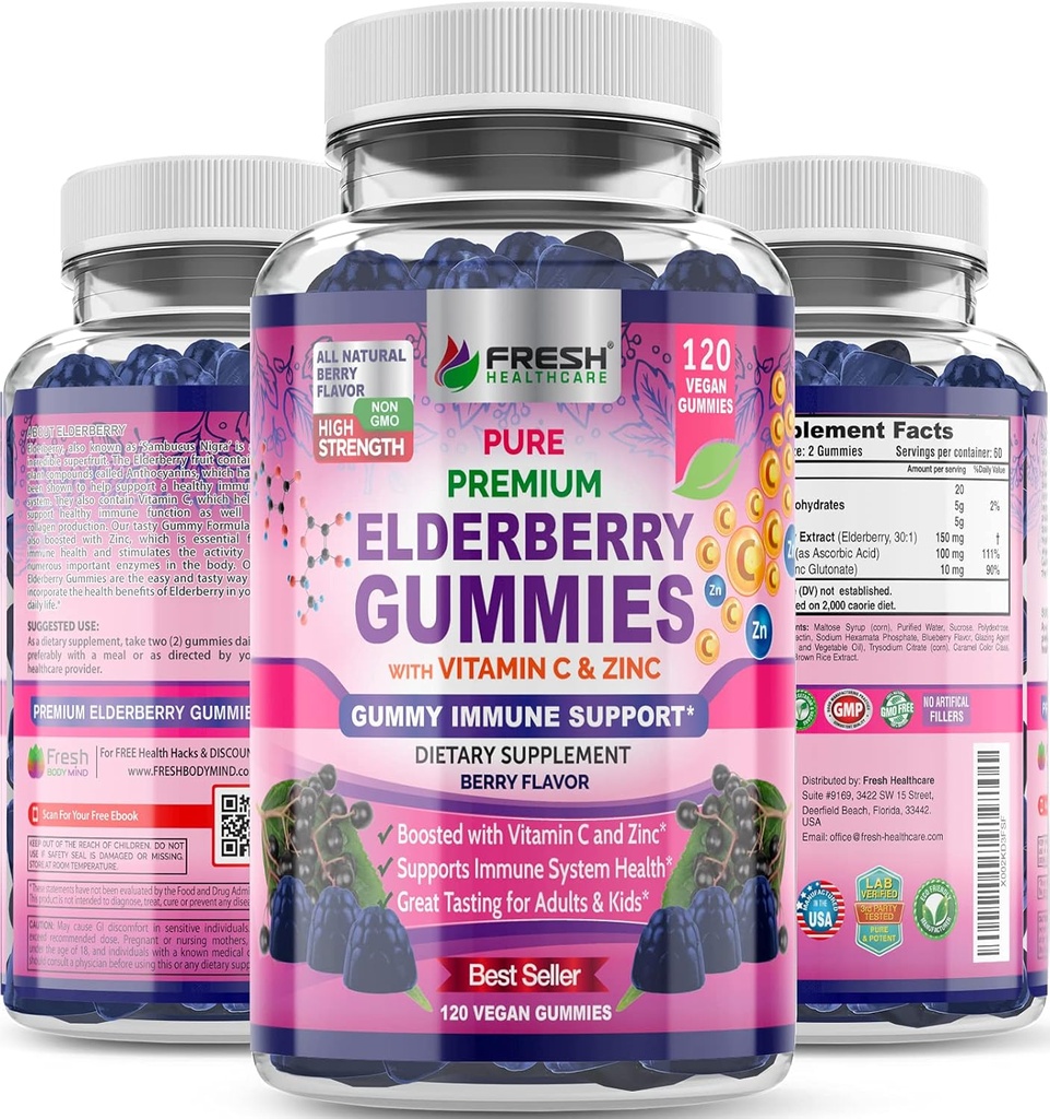 SAÚDE FRESCA Elderberry Gummies com vitamina C, Zinco e Sambucus Elderberry 30:1 Extrato - 100% Vegan - Suporte imunológico para adultos e crianças - 120 Count Gummy Suplemento