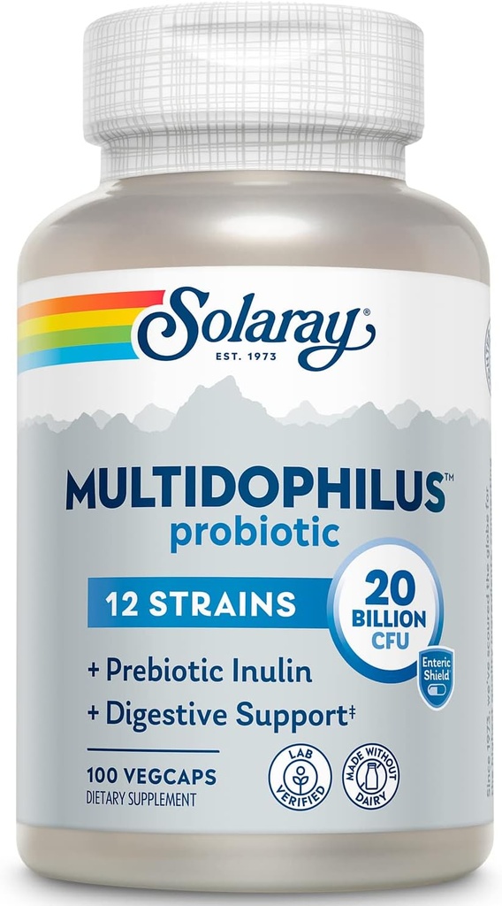 SOLARAY Multidophilus 12 Strain Probiotic 20 Billion CFU, Probiotics for Digestive Health and Gut Health Support, Prebiotic Inulin, No Dairy, 50 Serv, 100 VegCaps