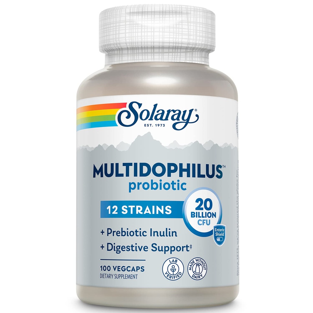 Solaray Multidophilus 12 Strain Probiotic 20 Billion CFU, Probiotics for Digestive Health for Women and Men, Daily Gut Health Support Complex with Prebiotic Inulin, No Dairy - 100 VegCaps