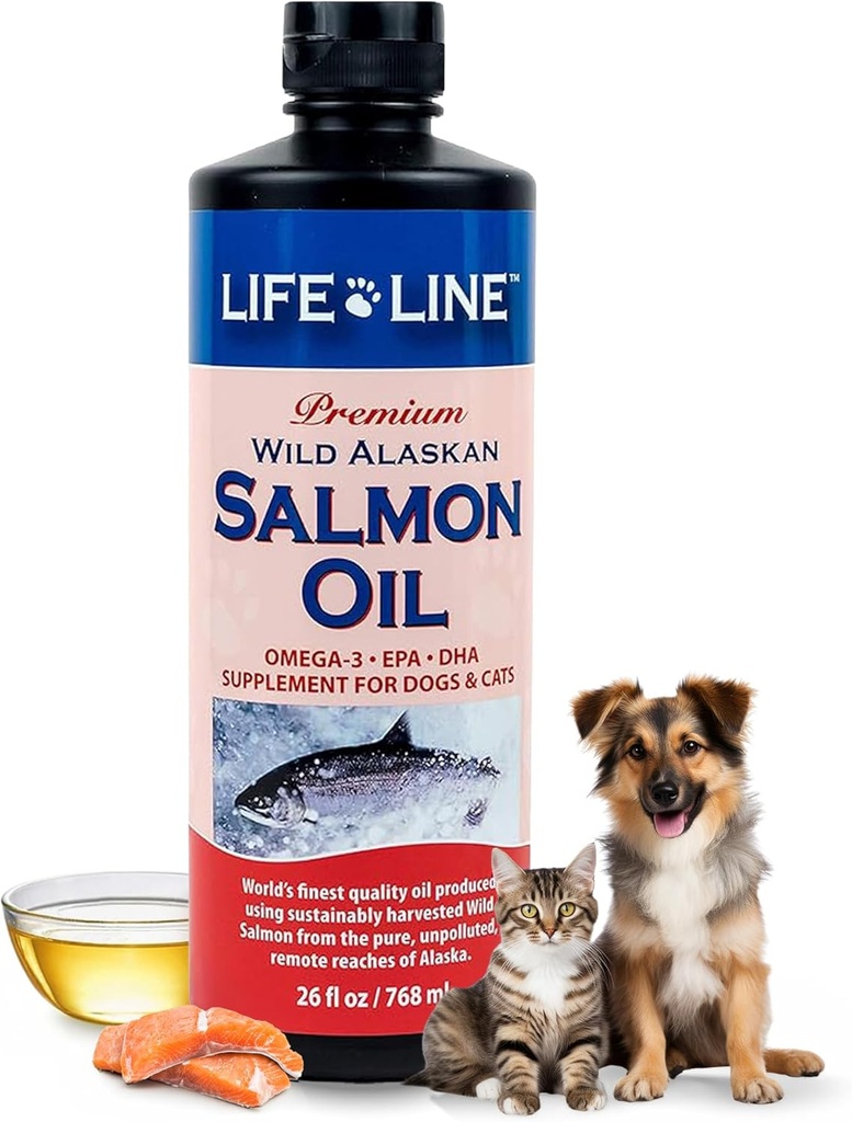 Life Line Wild Alaskan Salmon Oil Omega-3 Supplement for Dogs and Cats | DHA & EPA for Healthy Skin, Coat, Brain & Heart – 26 oz