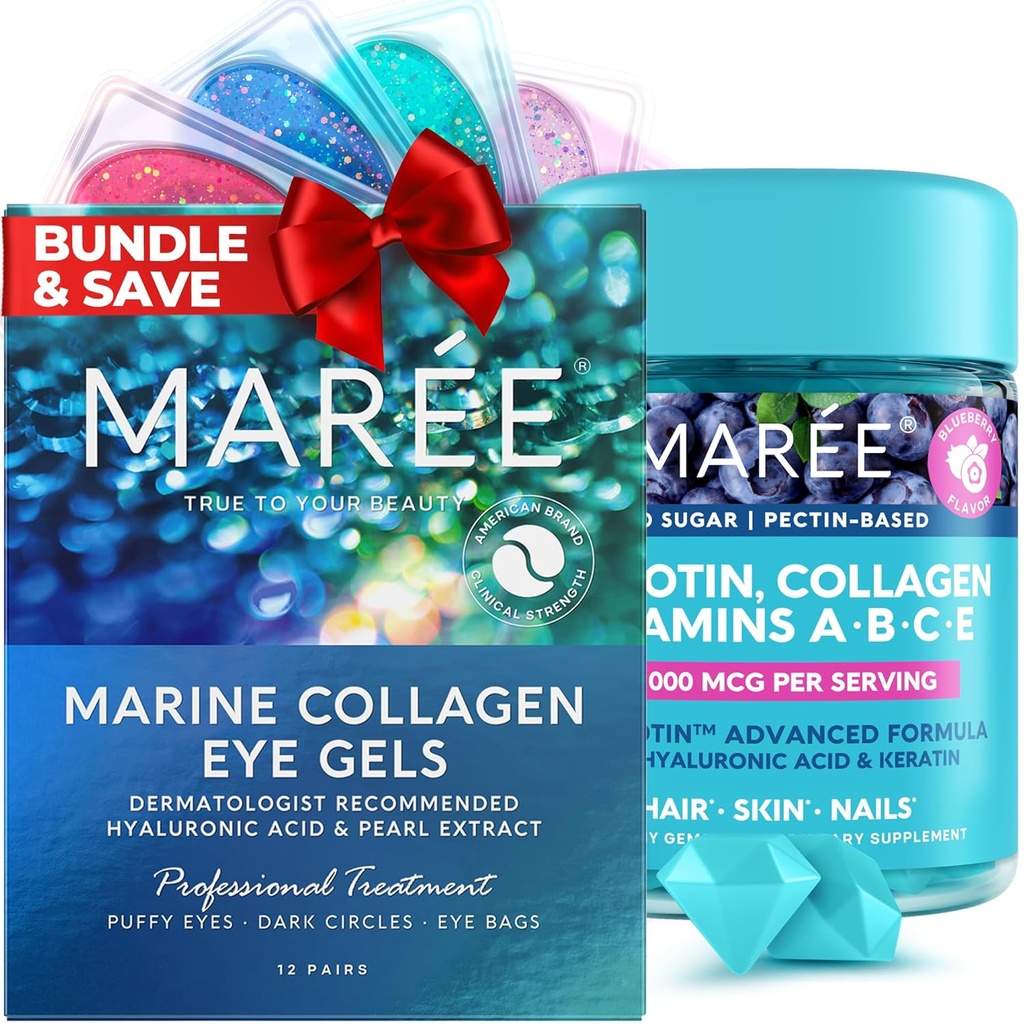 Marine Collagen & Hyaluronic Acid, A B C E Vitamins Complex with Keratin & Pantothenic Acid - De- puff Eyes & Dark Circles, Skin, Nails & Hair