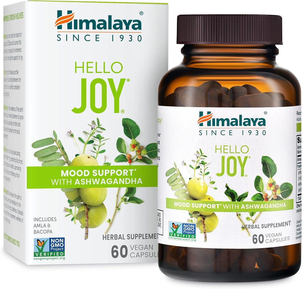 Himalaya Hello Joy Herbal Supplement, med Ashwagandha, Amla, Bacopa, Holy Basil / Tulsi, Positive Outlook, Understøtter Motivation, Stress Relief, Balanceret Cortisol, Non- GMO, Vegan, 60 Kapsler
