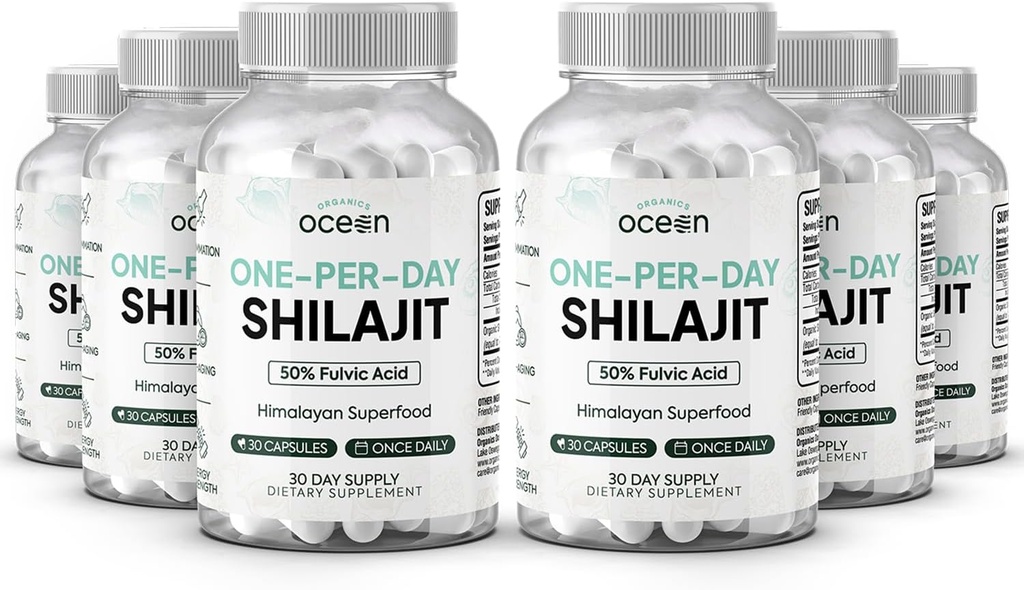 Organics Ocean One-Per-Day Shilajit pentru bărbați și femei - Natural și Pottent Shilaj Supliment pentru Age-Deficitare, Oase Putere, Hormoni Support și mai mult - 6 Sticle Capsule Shilajit