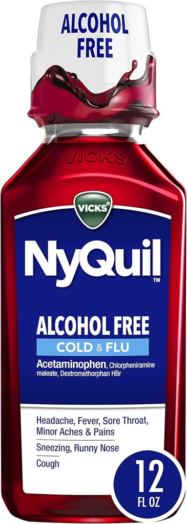Vicks NyQuil, Alkoholivaba, köha, külma ja gripi leevendamine, valulik kurk, palavik ja ummikute leevendamine, Berry, 12 Fl Oz