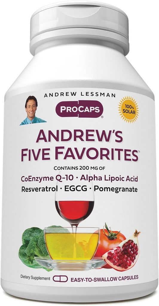 ANDREW LESSMAN's Five Favorites 120 капсули - Осигурява 200mg Всеки от Coenzyme Q-10, Resveratrol, EGCG, Нар и Алфа Липоева киселина, Мощна антиокислителна поддръжка, Без добавки