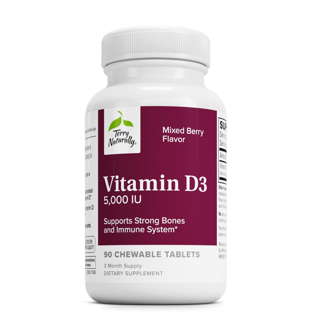 Terry Naturally Vitamin D3 - 125 mcg Cholecalciferol, 90 Chewable Tablets - Supports Strong Bones & Teeth, Promotes Healthy Immune System - Non-GMO, Gluten-Free - 90 Servings