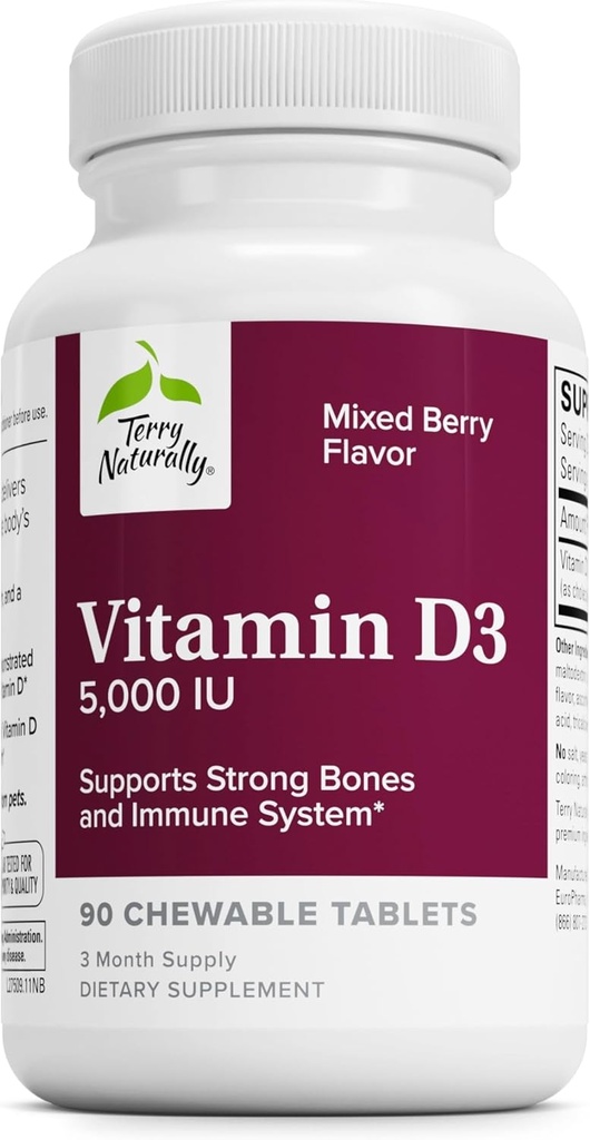 Terry Naturally Vitamin D3 - Bone Health & Bone Strength Supplement - Dietary Supplement för Immune System & Brain Support - 5 000 IE Vitamin D tabletter med blandad Berry Flavor - 90 Chewable tabletter
