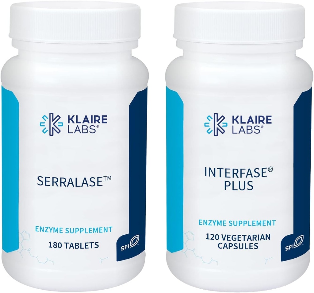 Klaire Labs Interfase Plus (120 kapsułek) + Serralaza (180 tabletek) - Multi- Enzymy, Serratia Peptydase & Bromelain 'Digestive Enzymes - System żołądkowo- jelitowy, Gut Flora, Biofil & Detox