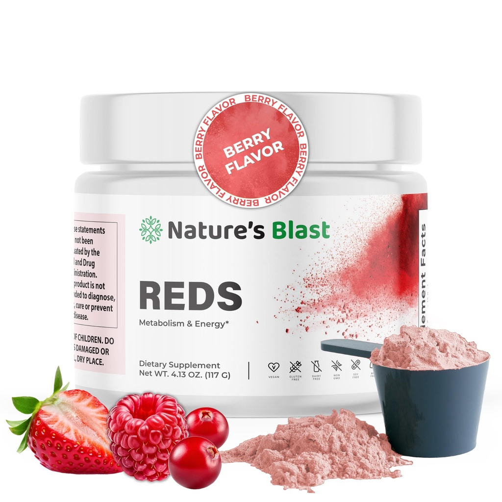 Reds - Metabolism and Energy Superfood Powder with 23 Red Fruits, 4 Adaptogens, Probiotics & Enzymes - Vegan Antioxidant Blend, 1 Bottle