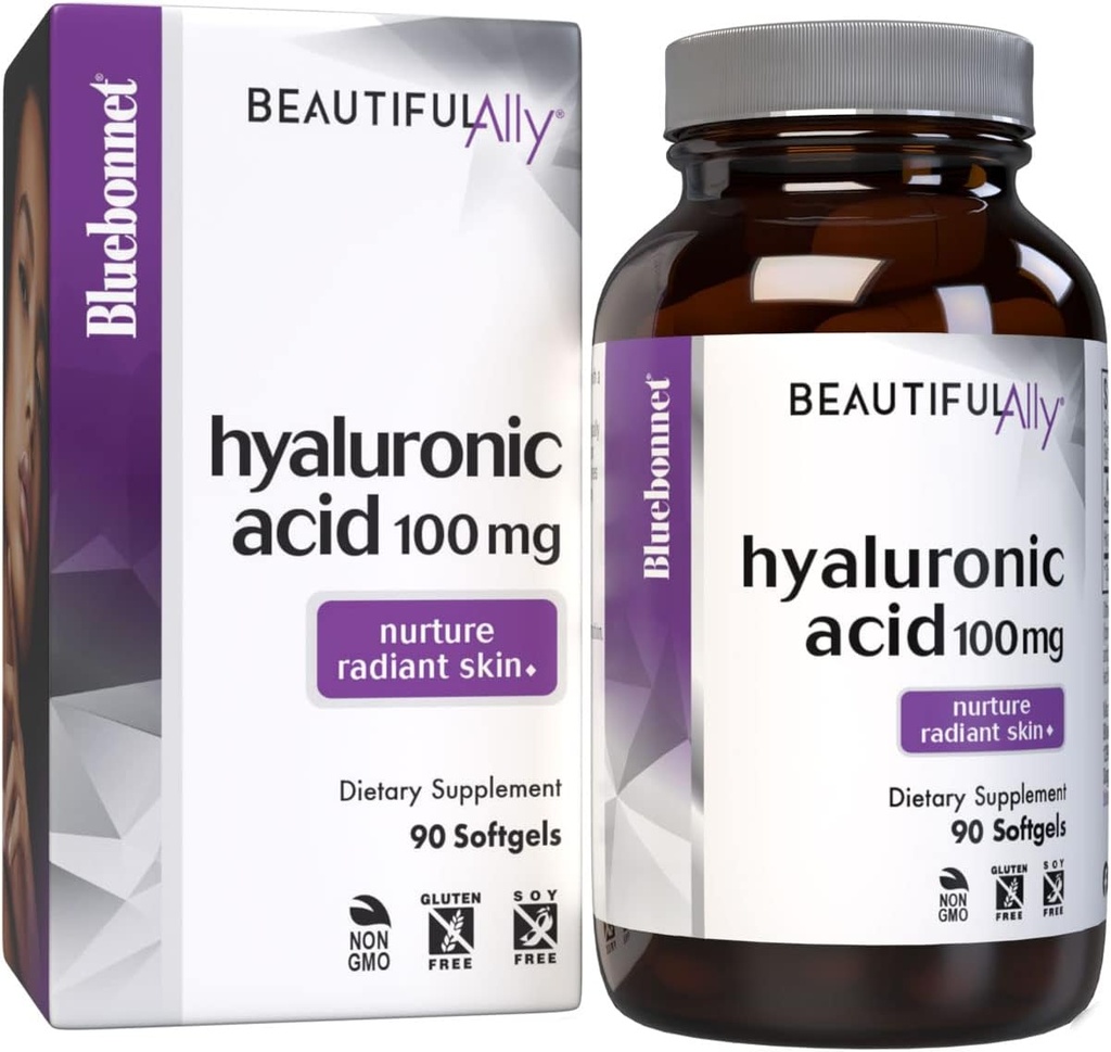 Bluebonnet Nutrition Beautiful Ally Hialuronic Acid 100mg, Nurture Radiant Skin *, Non-GMO, Gluten- Free, Soy- Free, 90 Softgels, 90 Służenie