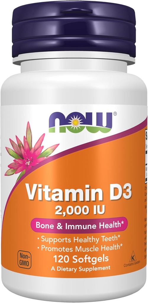 Suplementos nutricionais Now Foods, vitamina D-3 2.000 IU, alta potencia, soporte estrutural *, 120 softgels