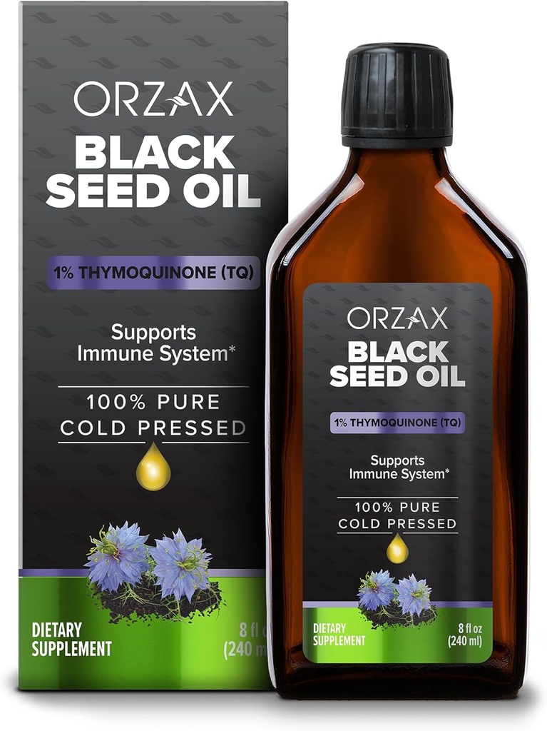 ORZAX Black Seed Oil Liquid (8 fl oz) - Cold Pressed 100% Pure | Vegan, Gluten Free, Non-GMO | 5000mg Cumin negro (Nigella Sativa) Aceite con 50mg Thymoquinone | Rich en Omega 3-6-9 | Botella de vidro