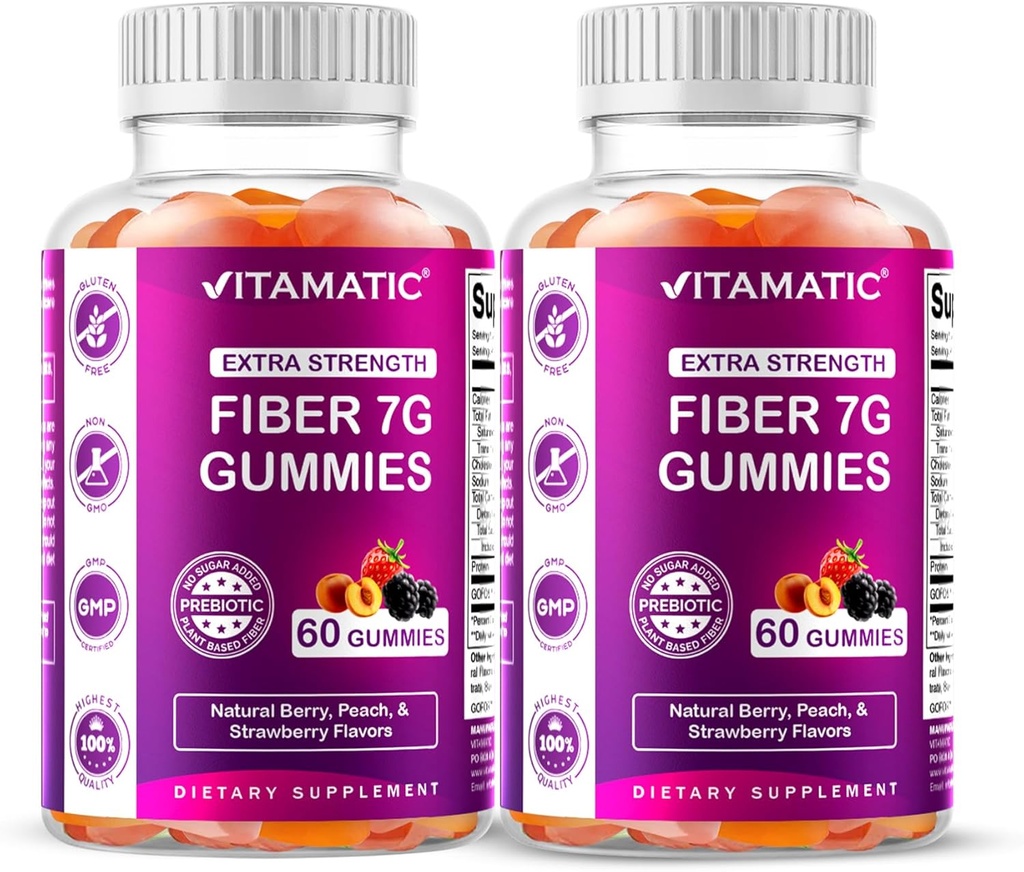 Vitamatic Prebiotic Fiber Gummies for Adults — 2 Pack (Total 120 Gummies) 7g Fiber per Serving  Extra Extra Strength ) Zero Sugar Added  & Pectin-Based  & Digestive Health Support