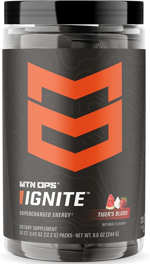 MTN OPS Ignite Trail Packs Energy Drink Powder, Gluten Free Nootropic Supplement Drink Mix, L Arginin, L Citruline, Kofein & Nootropic Sugar Free Drink Mix, 20 Servings, Tiger 's Blood