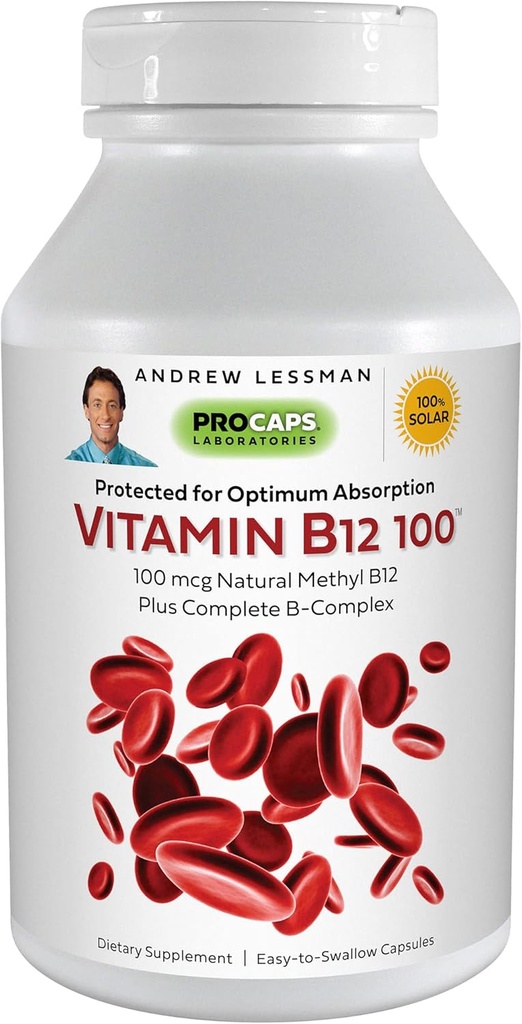 ANDREW LESSMAN vitamin B12 100 180 kapsler - Absorpsjon-protected Metylcobalamin (Naturlig koenzym vitamin B12), essensiell for energi og stress støtte, Plus B-komplex, lett å svelge kapsler