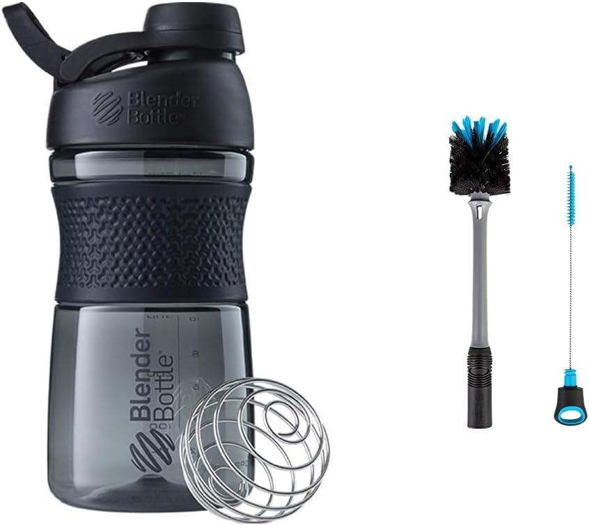 BlenderBottle SportMixer Shaker Bottle Perfect for Protein Shakes and Pre Workout, 20- Ounce, Black & 2-1 Shaker Bottle and Straw Cleaning Brush, 1 Pack, Gray