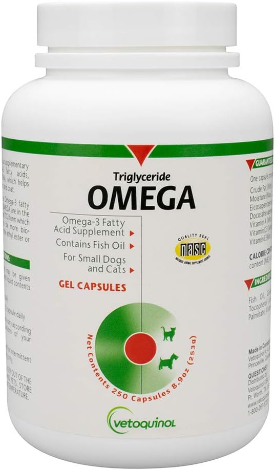 Vetokinol Triglicerid Omega 3 kiegészítés kutyák és macskák, Halolaj kiegészítés EPA és DHA, Promotes Skin, Coat, Joint, és Immune Health, Omega 3 Halolaj kutyák és macskák akár 30 £, 250ct