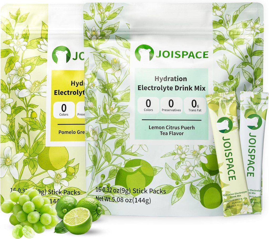 JOISPACE Electrolyte Drink Bland med te polyfenoler | Fast Hydration & Elektrolytter Boost | Ikke-GMO, Vegansk, Glutenfri | Pomelo Te & Lemon Lime Te, 32 Serveringer