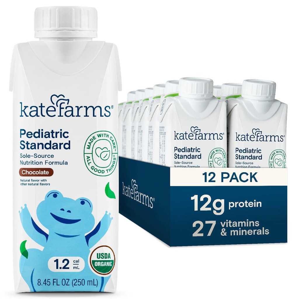 KATE Farms Organic Pediatric 1.2 High Calorie Chocolate Nutrition Shake, 12g Proteine, 27 Vitamine și Minerale, Mese de înlocuire, 8.45 oz (12 ambalaj)