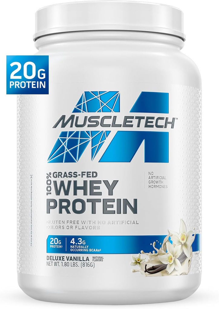 Muscletech Grass-Fed Whey Protein Powder (Deluxe Vanilla, 1.8LB) - Whey Protein Smoothie & Milk Shake Mix 지원 근육 이익 및 회복 - 여성 및 남성을위한 Whey Protein 20g - Non-GMO 및 글루텐 프리