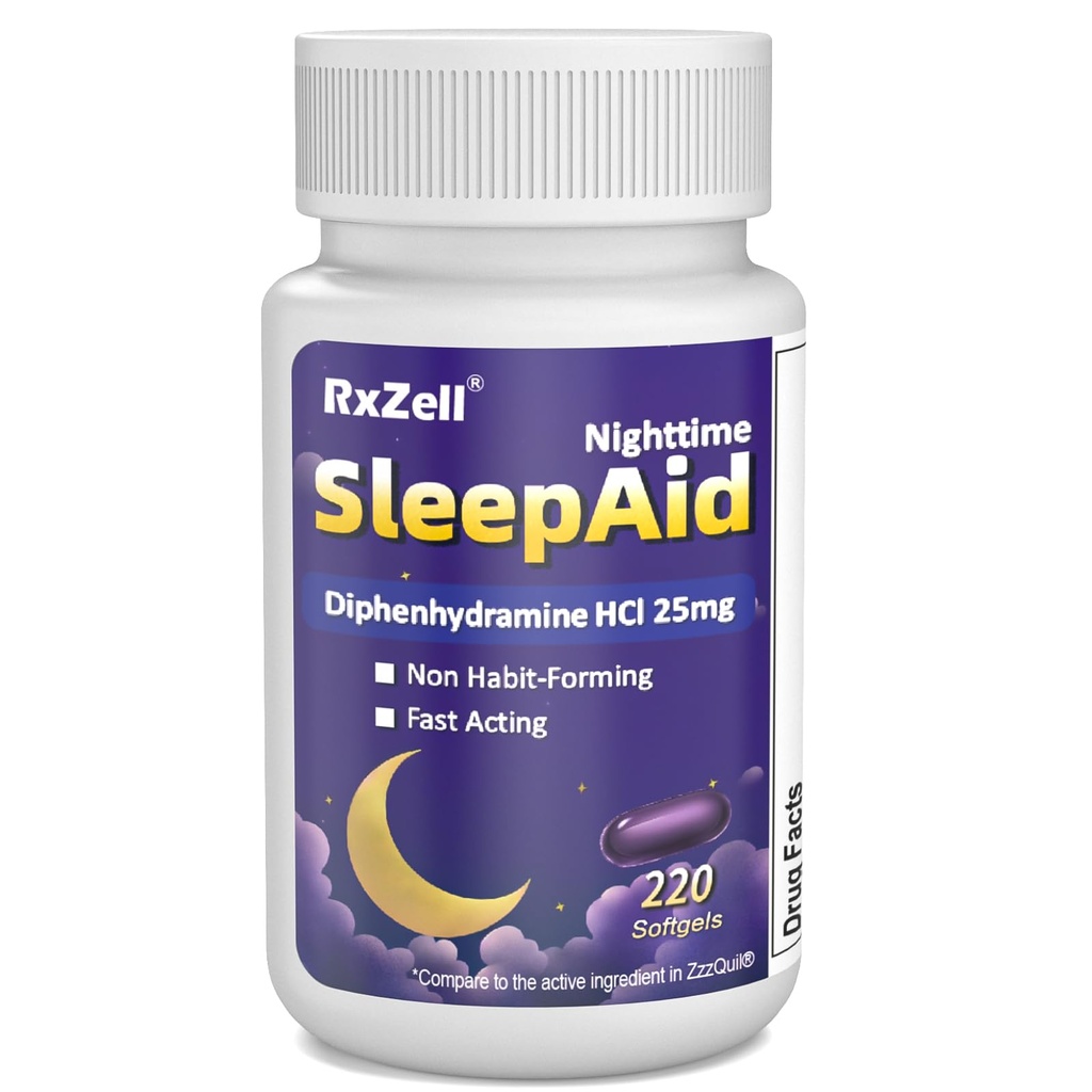 RXZELL Sleep Aid, Diphenhydramine HCl 25mg, 220 Softgels - Fall Asleep Faster, Deeper Restful Sleeping, Non Habit-Forming