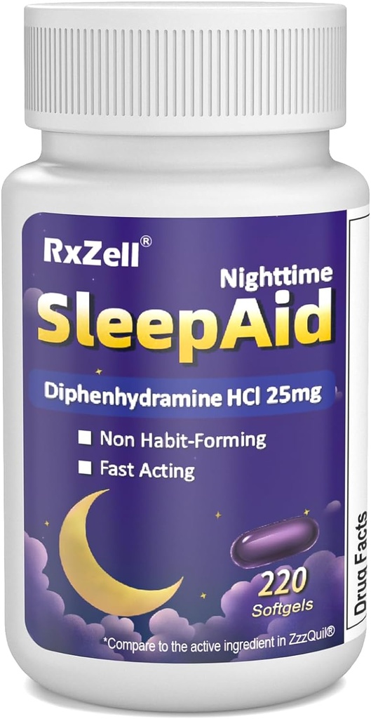 Sleep Aid, Diphenhydramine HCI 25mg, 220 Softgeels - Fall Asleep Faster, Deeper Restful Sleeping, Non Habit- Forming