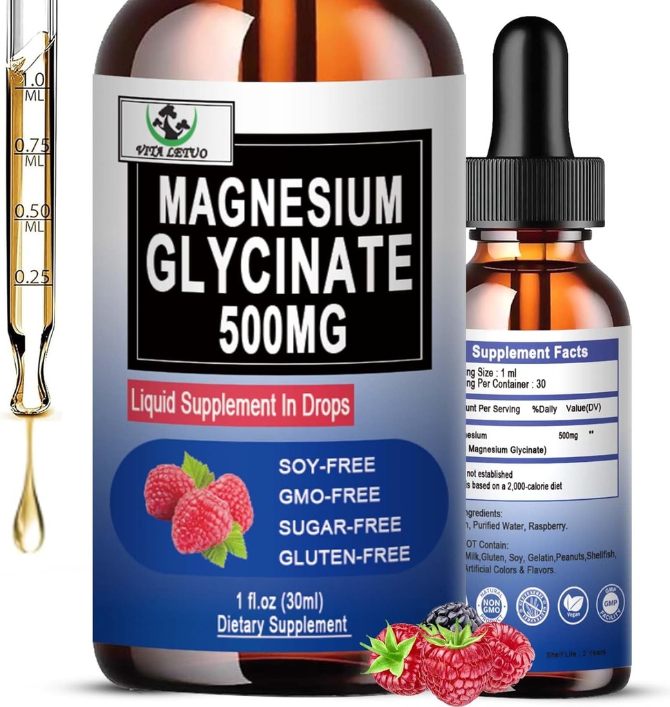Magnesium Glycinate 500mg, Liquid Magnesium Glycinate drops 6X High Absorption for Bone, sleep, Leg Cramps ' Immune Support, Vegan, Non-GMO, Gluten-Free s 30 Servings