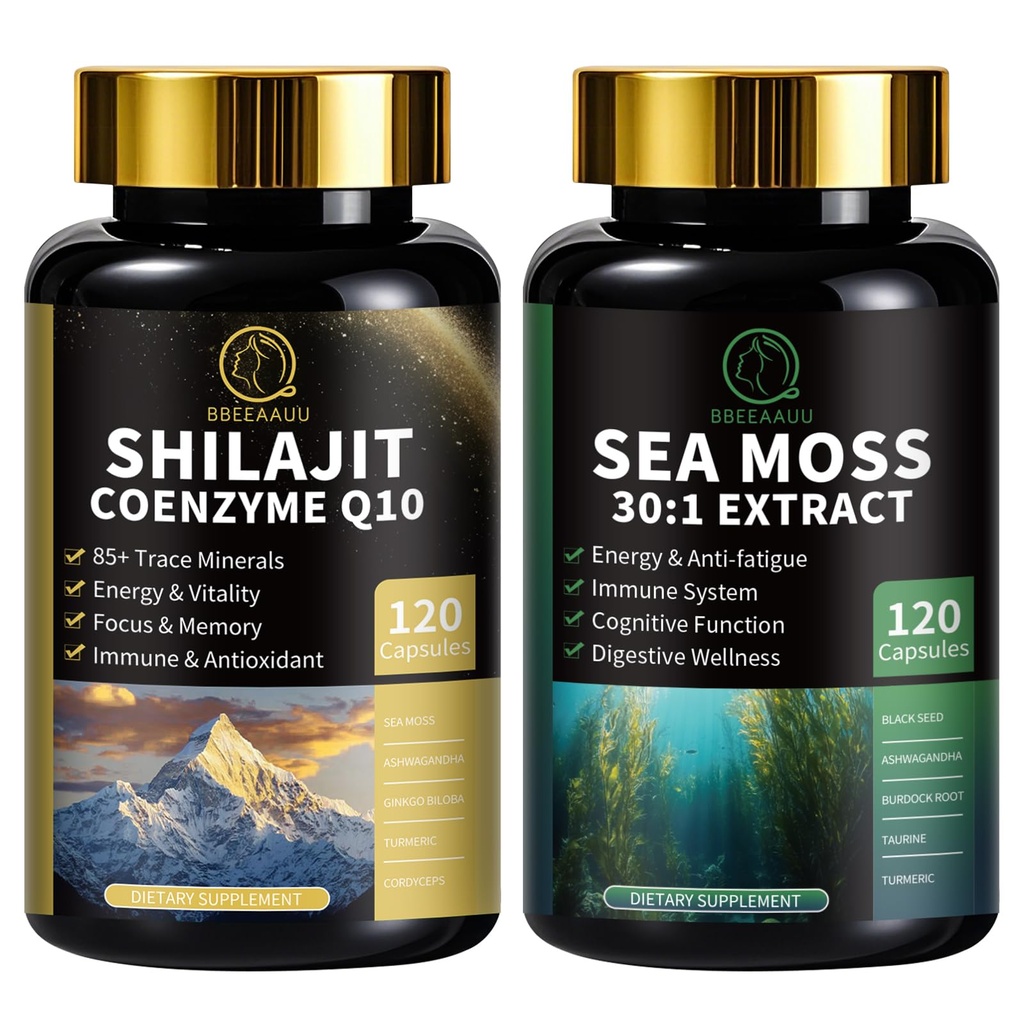 Shilajit for Men, Sea Moss and Shilajit Bundle, All in 1 Supplements with Coenzyme Q10, Black Seed, Ashwagandha, Taurine, Burdock for Energy, Endurance, Antioxidant & Immune Support, 240 Capsules