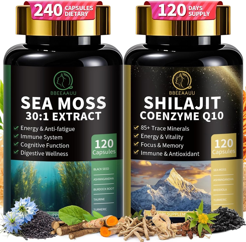Silajit pentru bărbaţi, muşchi de mare şi şilajit Bundle, toate în 1 Suplimente cu Coenzima Q10, Black Seed, Ashwagandha, Taurina, Bredock pentru energie, Rezistenţă, Antioxidant şi suport imunitar, 240 Capsule