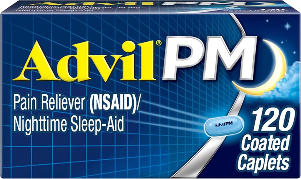 Advil PM Pain Reliever And Nighttime Sleep Aid, Pain Medicine With Ibuprofen For Pain Relief And Diphenhydramine Citrate For A Sleep Aid - 120 Coated Caplets