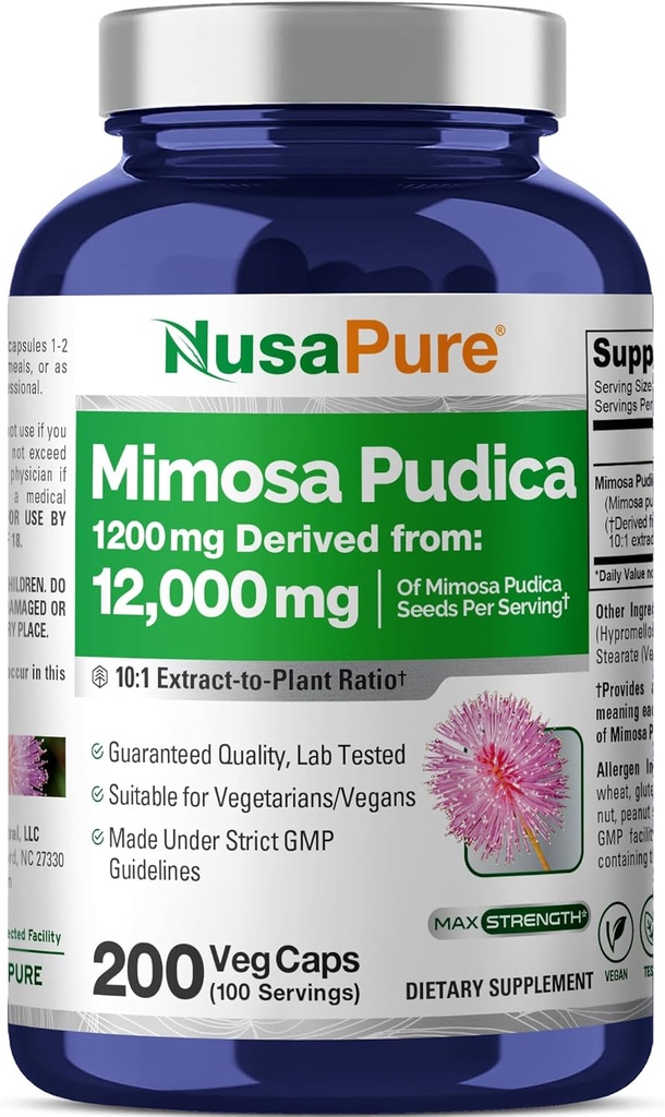 NusaPure Mimosa Pudica Seed 10:1 Ekstrakt, 1200 mg tilsvarende 12 000 mg 200 Vegkapsler (Non-GMO, Vegan)