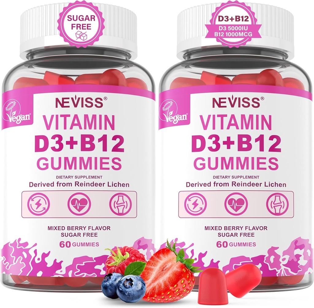 NEVISS 2Pack Vegan Vitamin D3 + Vitamin B12 Gummies, Yüksək Potensial D3 5000IU və 1000 mcg Me12, B12 Vitamin D3 və B12 Yetişkin üçün, Support Bone Health, Immune & Energy Supplement, 120 Count