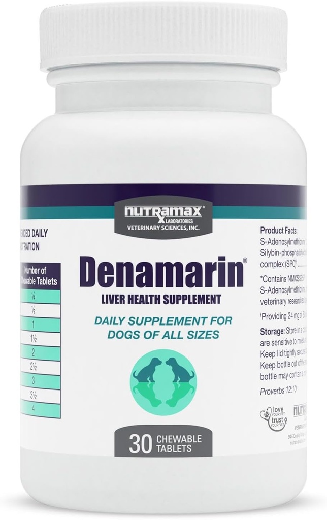 Nutramax Denamarin máj-egészségügyi kiegészítés kutyáknak, S-Adenozilmetioninnal (SAME) és Silybin, 30 rágótabletta