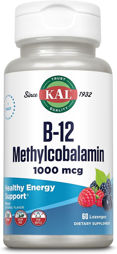 KAL ויטמין B-12 Methylcobalamin Lozenges 1000mcg, אנרגיה בריאה, Metabolism, Nerve & Red Blood Cell Support, * Optimal Absorption, Natural ברי פלאמור, סוכר חינם, 60 משרתים, 60 Lozengesges, 60 Lozengesgesges, 60