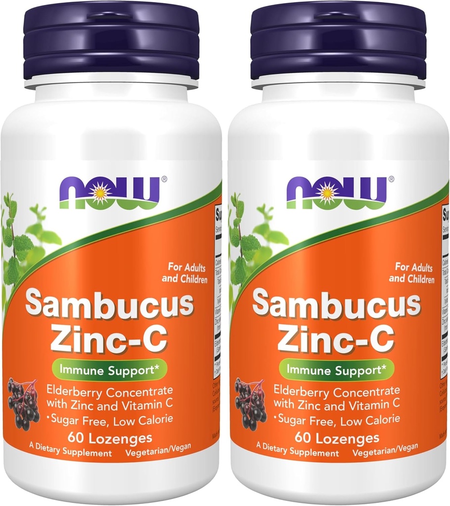NOW gehigarriak, Sambucus Zinc-C Elderberry kontzentrazio eta C bitaminarekin, 60 Lozenges (2ko paketea)