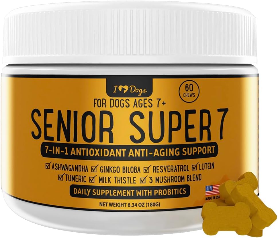 iHeartDogs Senior Super 7 Daily Dog Multivitamin - 7in-1 Dog üçün Vitamin Antioksid, Probiyotik, Lion's Mane, Türkiyə Tail, & Ashwagandha