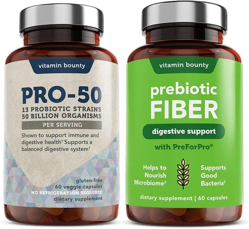 Vitamin Bounty Pro-50 Probiotics & Prebiotic Fiber Bundle: 13 Strains, 50 Billion CFUs, Digestive & Gut Health Support, Καθυστερημένες κάψουλες απελευθέρωσης - 90 Κάψουλες Σύνολο για άνδρες & γυναίκες