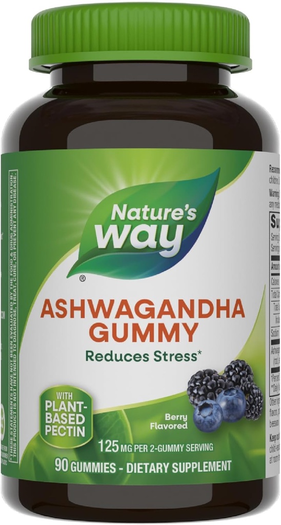 Nature's Way Ashwagandha Gummies, Reduce Stress with Adaptogenic Herb *, 125 mg Per 2-gumy Serving, Berry Ароматизирани, 90 Gummies (Packing May Vary)
