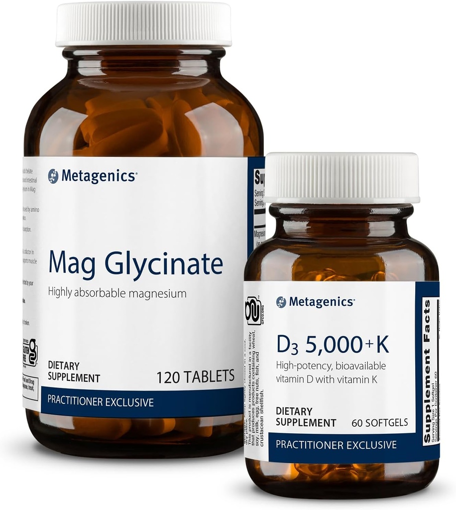 Metagenics Essential Wellness Duo: D3 5000 + K - Имунна поддръжка, Костно и сърдечно здраве - 60 Softgels & Highly Absorbable Magnesic Glycinate for Muscles and Nerfic System Support - 120 Таблетки