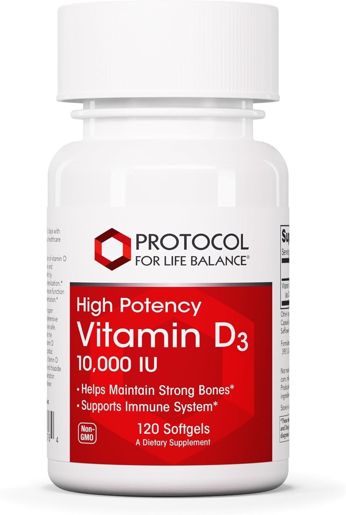 PROTOCOL FOR LIFE BALANCE Vitamin D3 10,000 IU - Immune Support Health Bones and Teeth - 120 Softgels