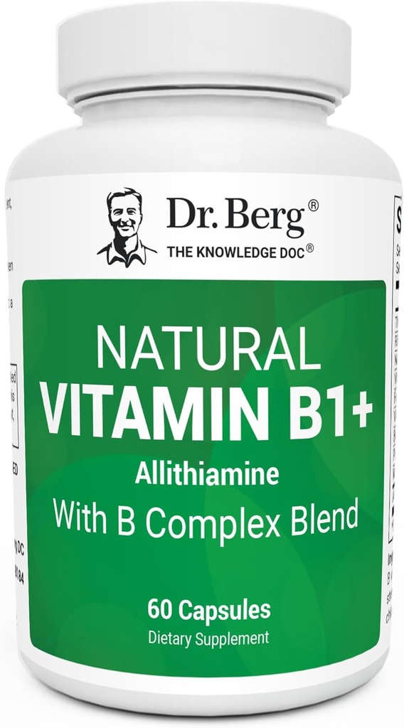 Dr. Berg Natural Vitamina B1 B6 Complejo B12 - Allithiamine Vitamin B1 Suplemento con 8 Complejo de Vitamina B Esencial para Hombres y Mujeres incluyendo Thiamin, Niacin, Folate, Magnesio &amp; Más - 60 cápsulas